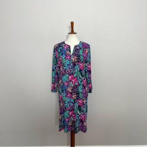 Cappagallo Dress Shift Stretchy Slinky Floral Tropical 3/4 Pink Blue Green Gold